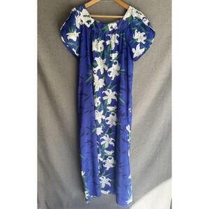 Hilo Hattie Hawaiian Dress Large Maxi Blue White Floral Vtg Open Flutter Sleeve